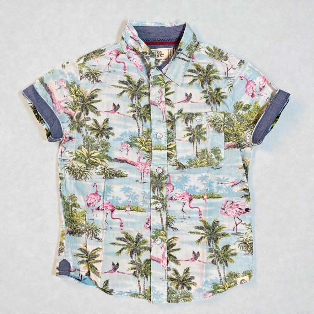 Free Planet Boys Palm Tree & Flamingo Button-Down Shirt Size 4